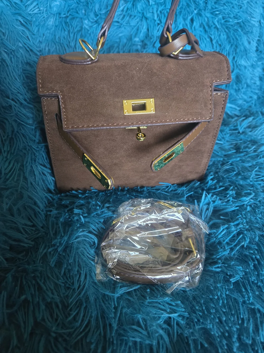 Brown Suede Top-Handle Satchel with Gold Hardware